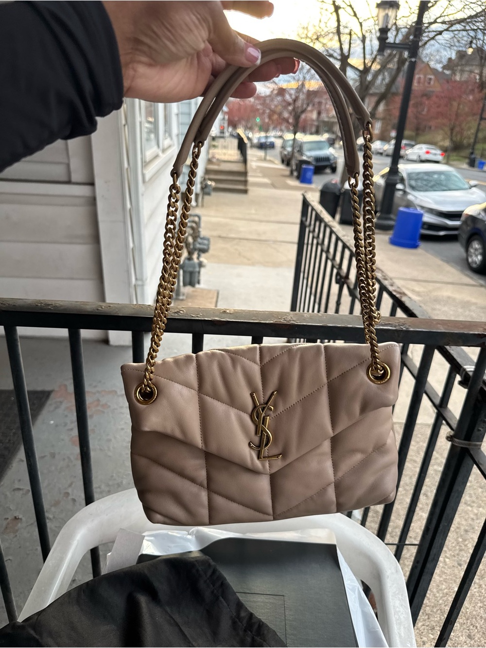Saint Laurent Quilted Shoulder Bag in Taupe with Gold Chain